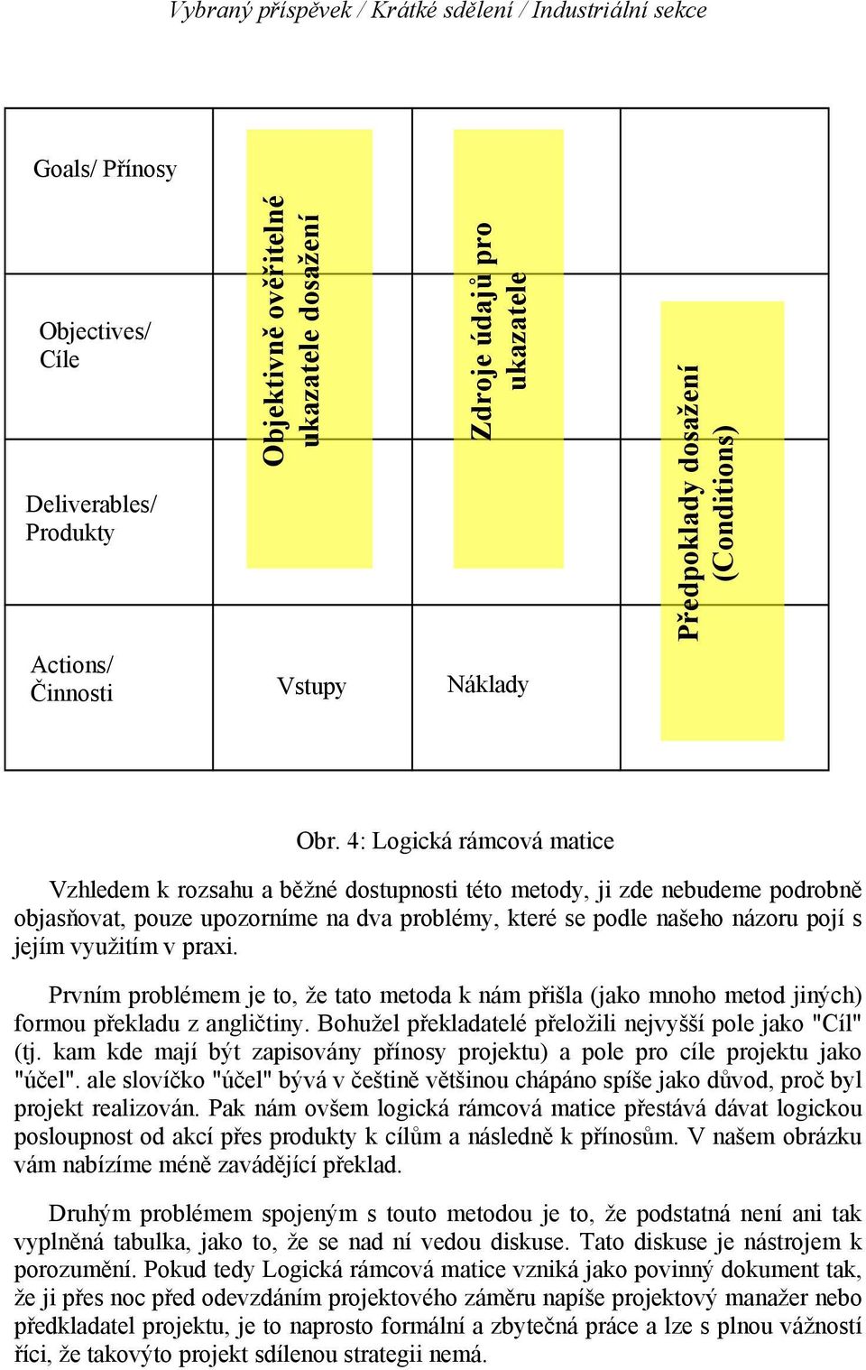 4: Logická rámcová matice Vzhledem k rozsahu a běžné dostupnosti této metody, ji zde nebudeme podrobně objasňovat, pouze upozorníme na dva problémy, které se podle našeho názoru pojí s jejím využitím