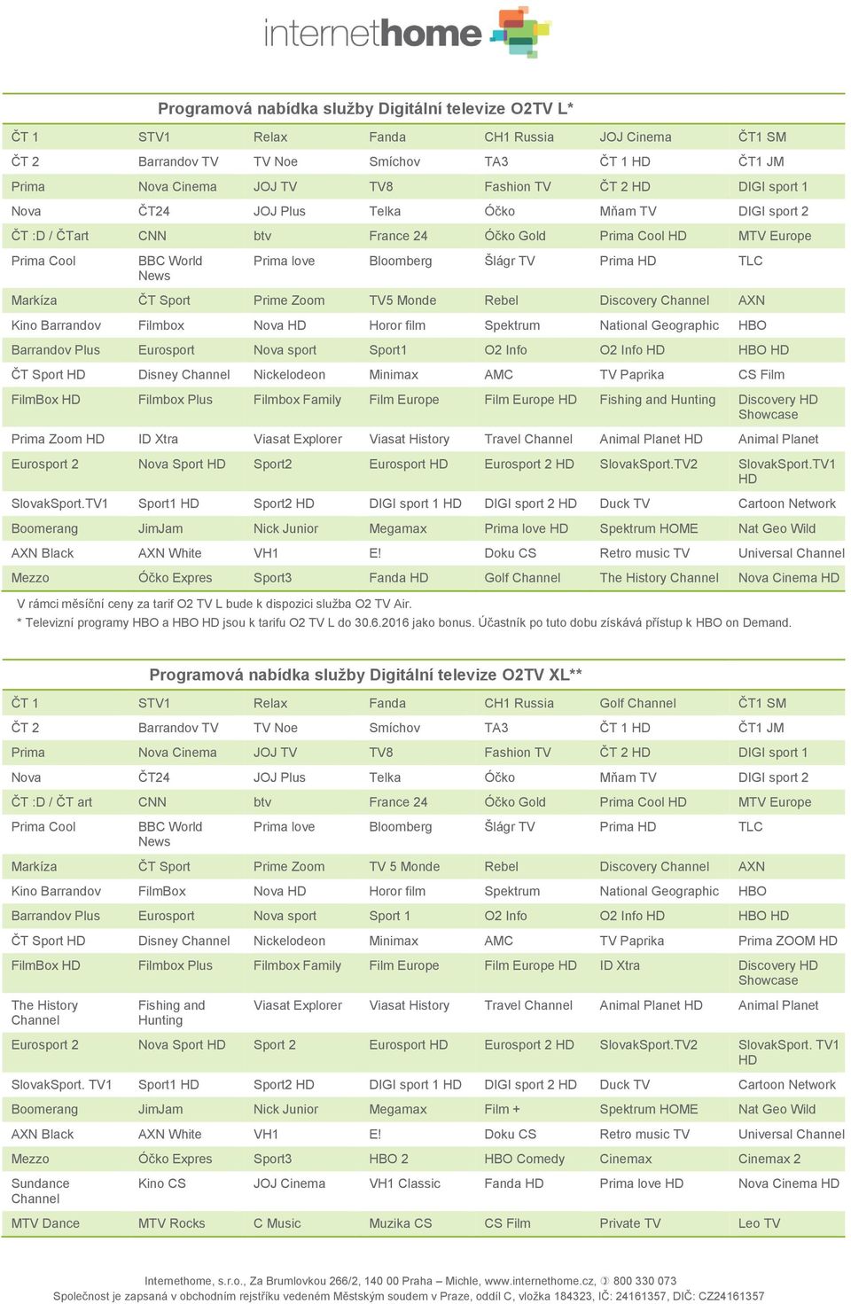 HD TLC Markíza ČT Sport Prime Zoom TV5 Monde Rebel Discovery Channel AXN Kino Barrandov Filmbox Nova HD Horor film Spektrum National Geographic HBO Barrandov Plus Eurosport Nova sport Sport1 O2 Info