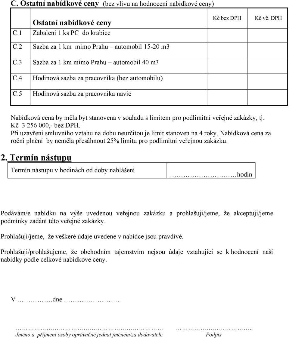 DPH Nabídková cena by měla být stanovena v souladu s limitem pro podlimitní veřejné zakázky, tj. Kč 3 256 000,- bez DPH. Při uzavření smluvního vztahu na dobu neurčitou je limit stanoven na 4 roky.