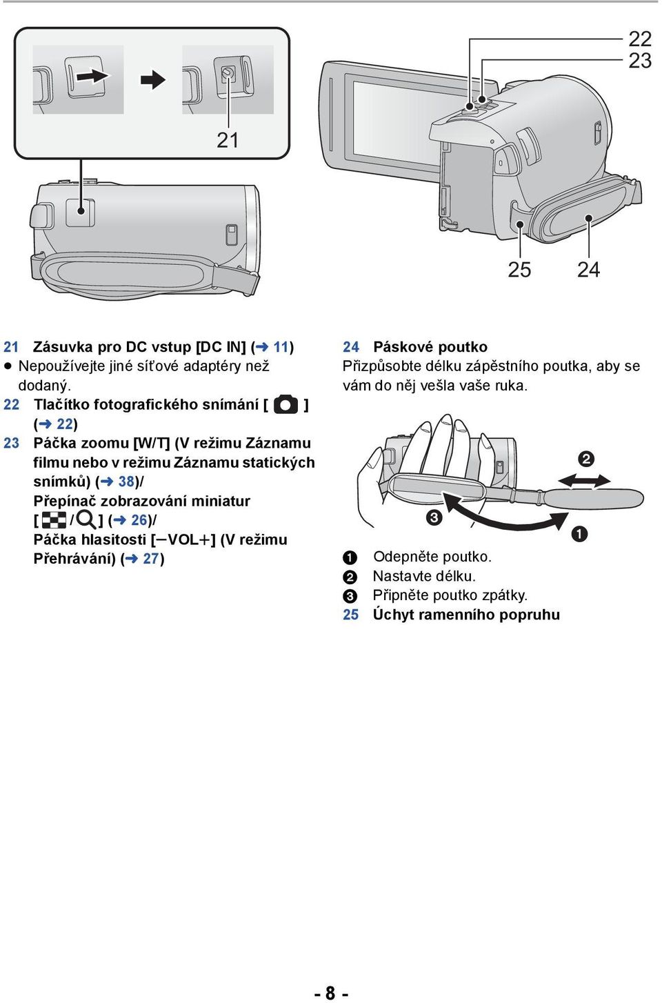 snímků) (l 38)/ Přepínač zobrazování miniatur [ / ] (l 26)/ Páčka hlasitosti [svolr] (V režimu Přehrávání) (l 27) 24 Páskové