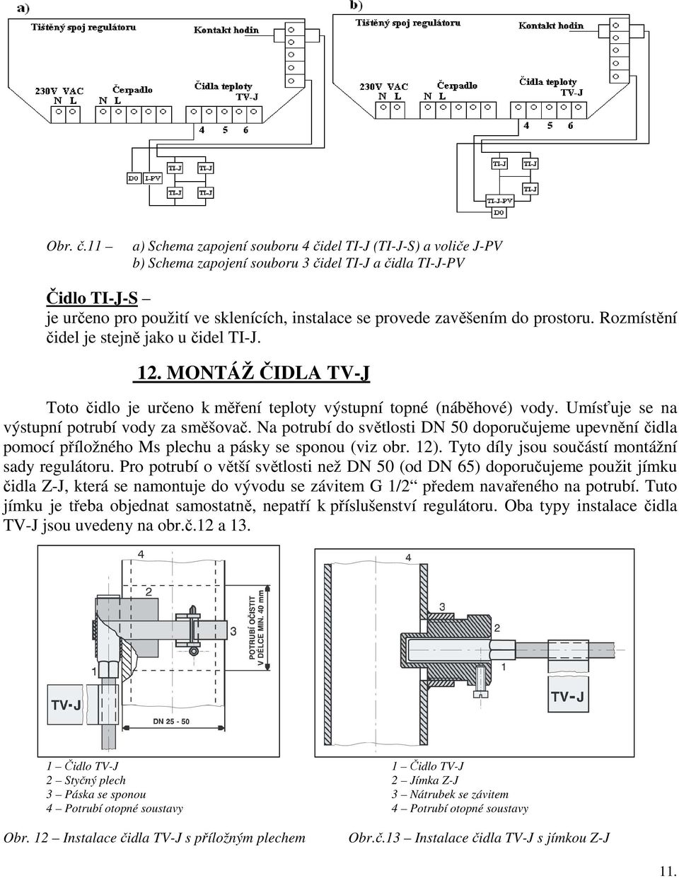 zavěšením do prostoru. Rozmístění čidel je stejně jako u čidel TI-J. 12. MONTÁŽ ČIDLA TV-J Toto čidlo je určeno k měření teploty výstupní topné (náběhové) vody.