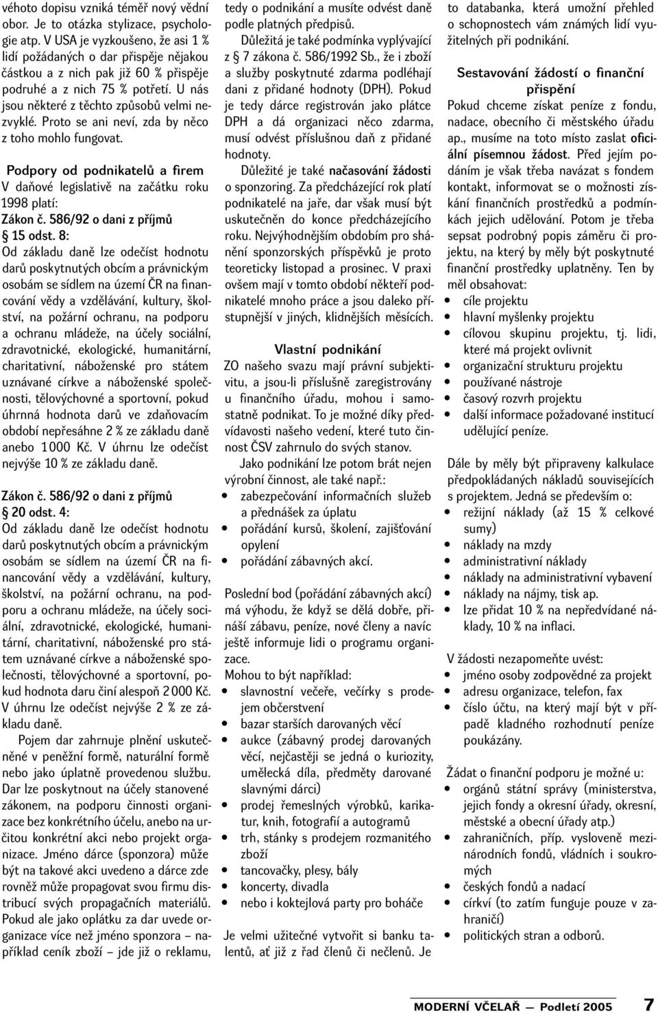 Proto se ani neví, zda by něco z toho mohlo fungovat. Podpory od podnikatelů a firem V daňové legislativě na začátku roku 1998 platí: Zákon č. 586/92 o dani z příjmů 15 odst.