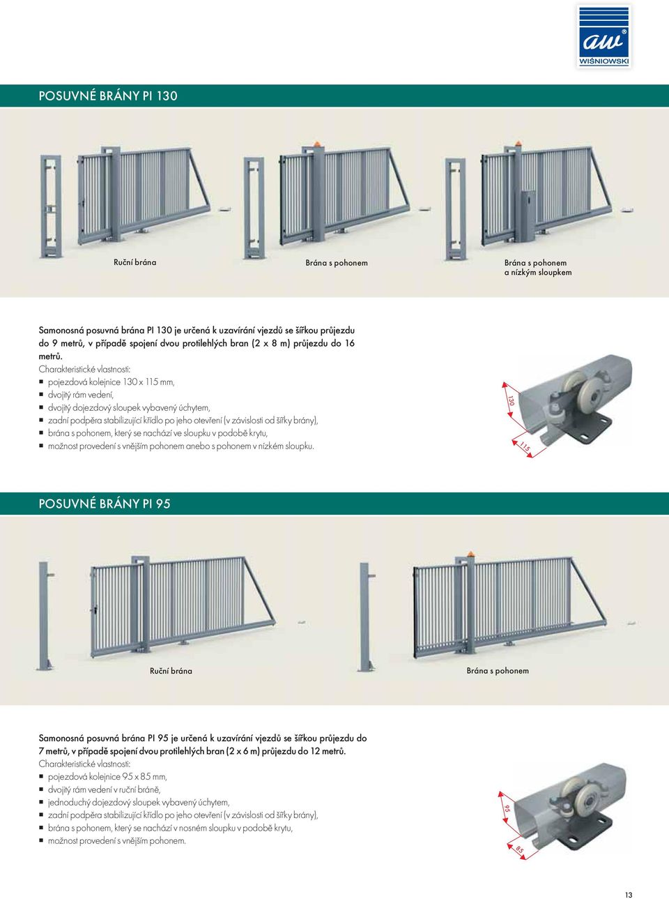 Charakteristické vlastnosti: pojezdová kolejnice 130 x 115 mm, dvojitý rám vedení, dvojitý dojezdový sloupek vybavený úchytem, zadní podpěra stabilizující křídlo po jeho otevření (v závislosti od