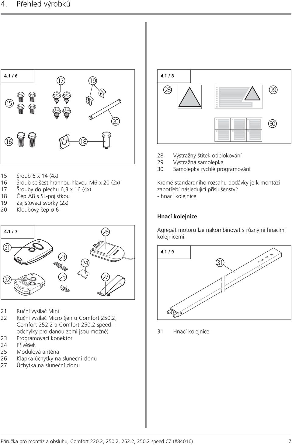 odblokování 29 Výstražná samolepka 30 Samolepka rychlé programování Kromě standardního rozsahu dodávky je k montáži zapotřebí následující příslušenství: - hnací kolejnice Hnací kolejnice 4.