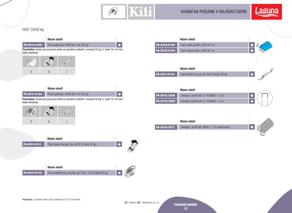 50 kg Poznámka: kování pro posuvné dveře se spodním vedením, nosnost 50 kg, tl. dveří 10 mm. Sada obsahuje: FA 01.108 FA 01.109 Omega U profil přír. C-18 8660 m Omega U profil přír.