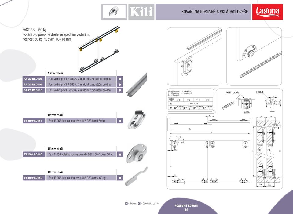 0110 Fast vodicí profil F-05 Al m dolní k zapuštění do dna H výška otvoru S šířka otvoru h výška dveří b šířka křídla n počet dveří FAST