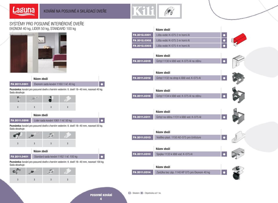 0 kg Poznámka: kování pro posuvné dveře s horním vedením: tl. dveří 18 0 mm, nosnost 0 kg. Sada obsahuje: FA 011.016 Úchyt 11 k liště vod. K-075 Al na stěnu FA 011.008 Lider sada kování 1061 1 kř.