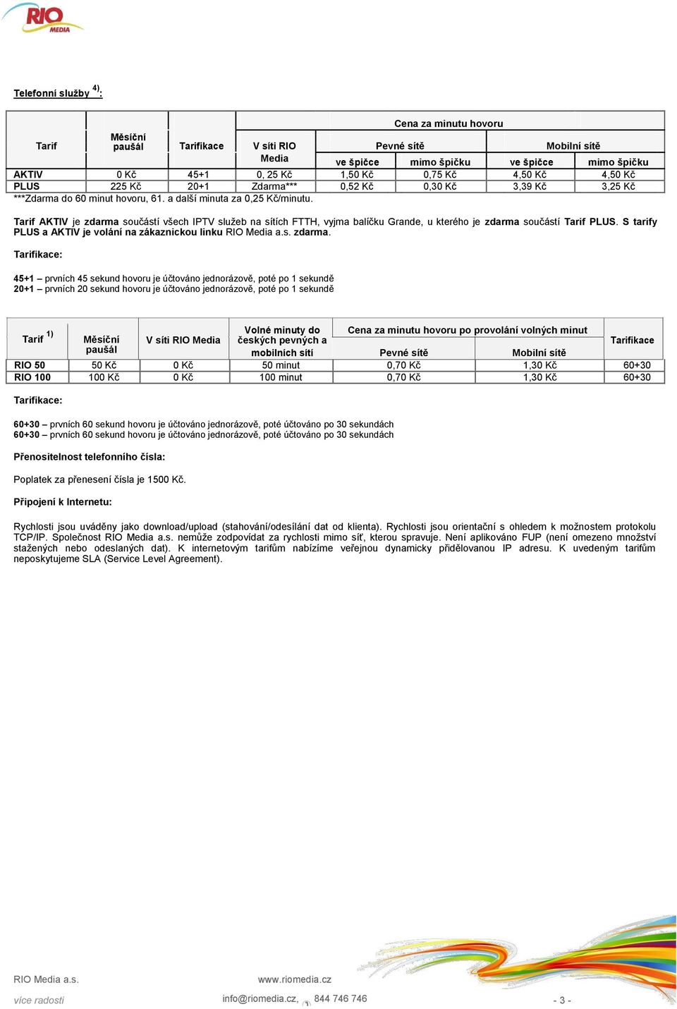 Tarif AKTIV je zdarma součástí všech IPTV služeb na sítích FTTH, vyjma balíčku Grande, u kterého je zdarma součástí Tarif PLUS. S tarify PLUS a AKTIV je volání na zákaznickou linku zdarma.