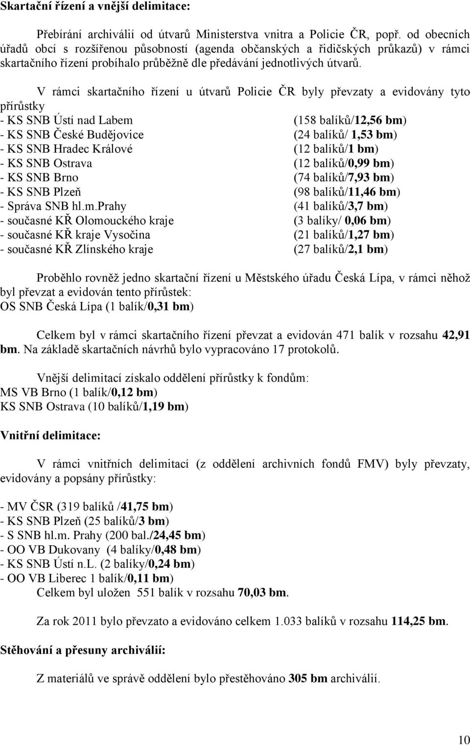 V rámci skartačního řízení u útvarů Policie ČR byly převzaty a evidovány tyto přírůstky - KS SNB Ústí nad Labem (158 balíků/12,56 bm) - KS SNB České Budějovice (24 balíků/ 1,53 bm) - KS SNB Hradec