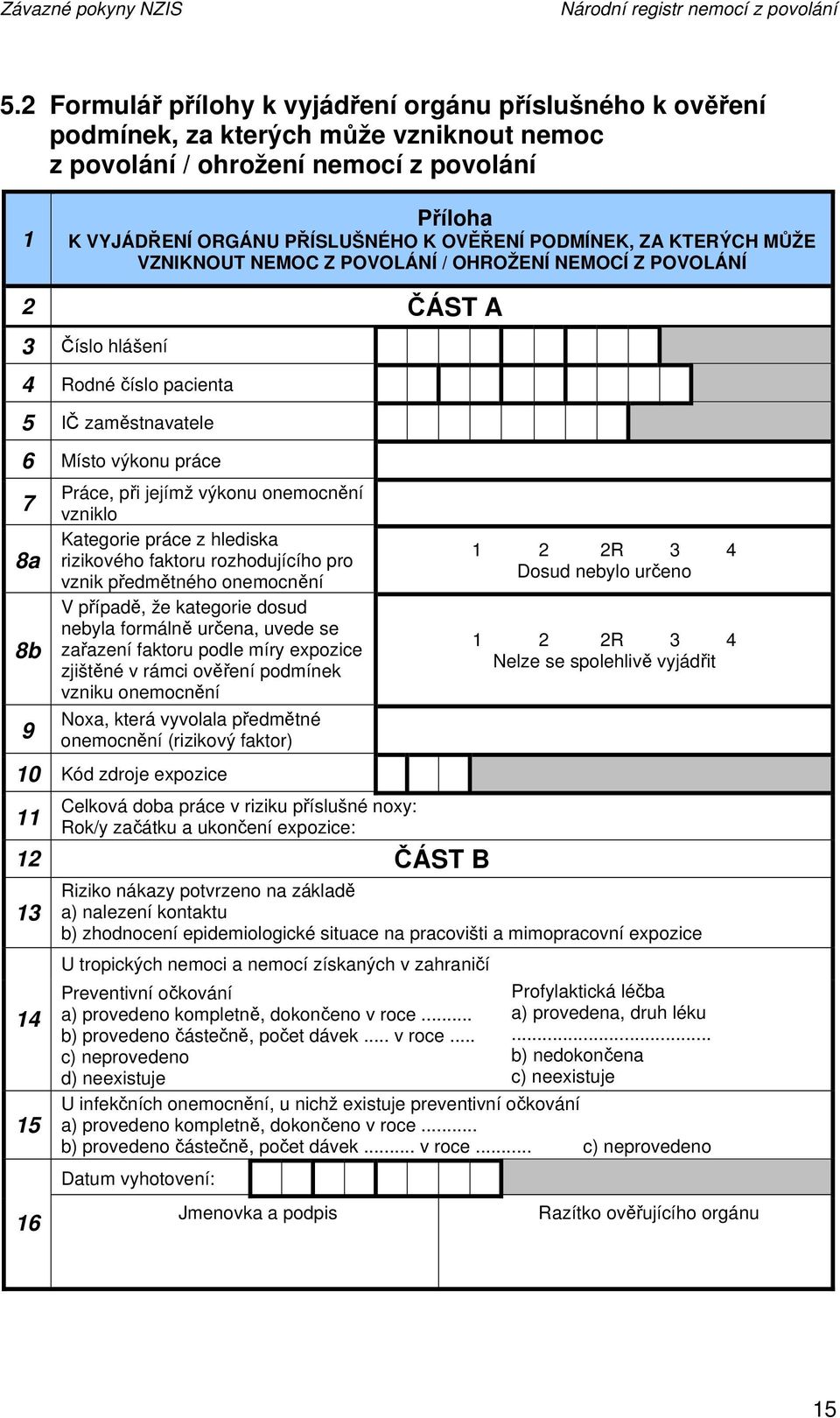 PODMÍNEK, ZA KTERÝCH MŮŽE VZNIKNOUT NEMOC Z POVOLÁNÍ / OHROŽENÍ NEMOCÍ Z POVOLÁNÍ 2 ČÁST A 3 Číslo hlášení 4 Rodné číslo pacienta 5 IČ zaměstnavatele 6 Místo výkonu práce Práce, při jejímž výkonu