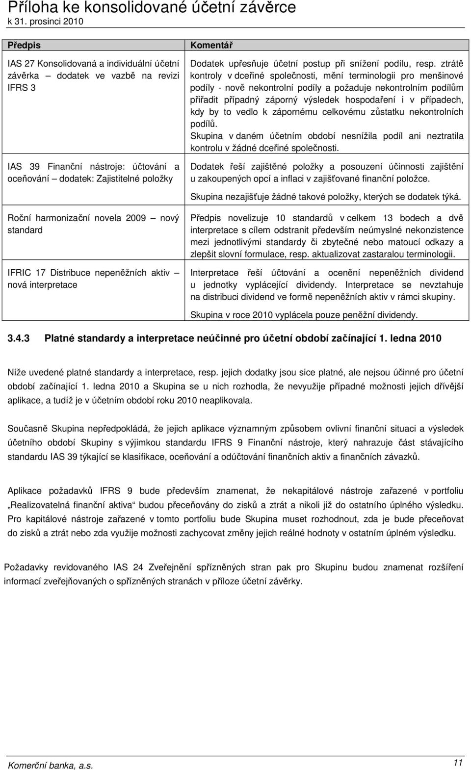 ztrátě kontroly v dceřiné společnosti, mění terminologii pro menšinové podíly - nově nekontrolní podíly a požaduje nekontrolním podílům přiřadit případný záporný výsledek hospodaření i v případech,