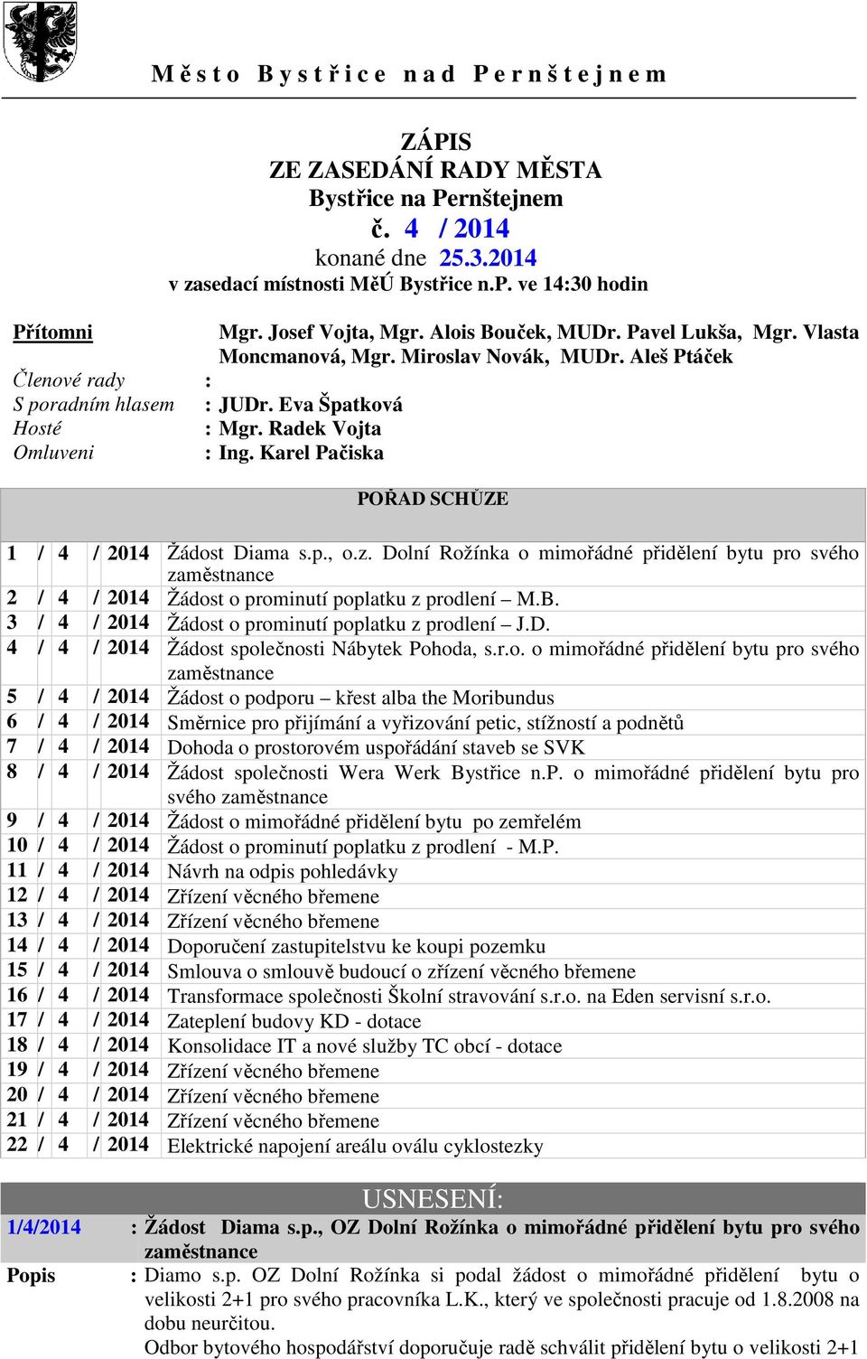 Eva Špatková Hosté : Mgr. Radek Vojta Omluveni : Ing. Karel Pačiska POŘAD SCHŮZE 1 / 4 / 2014 Žádost Diama s.p., o.z.