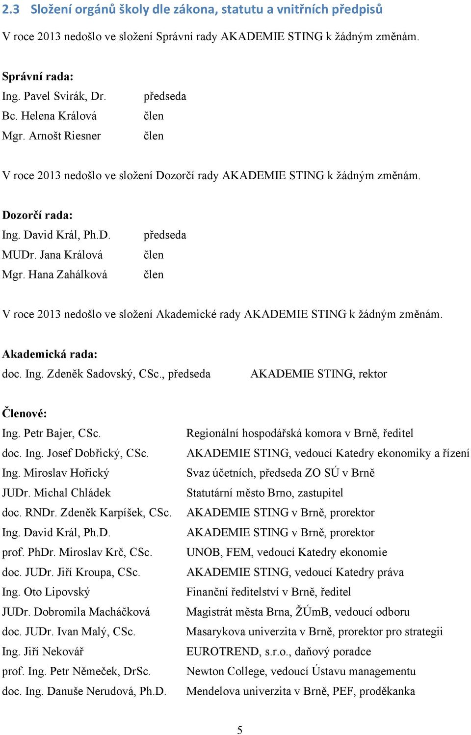 Hana Zahálková předseda člen člen V roce 2013 nedošlo ve složení Akademické rady AKADEMIE STING k žádným změnám. Akademická rada: doc. Ing. Zdeněk Sadovský, CSc.