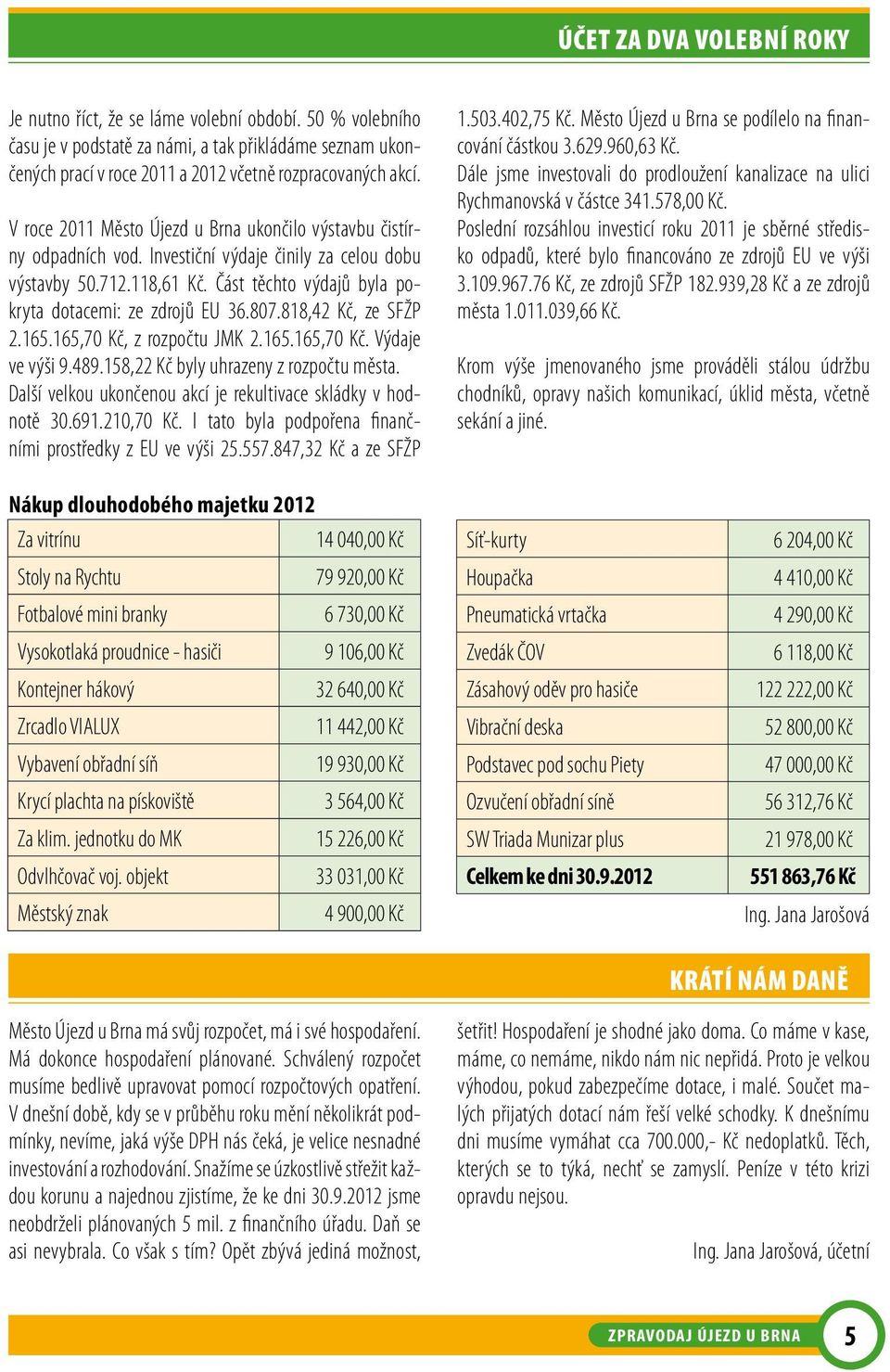 807.818,42 Kč, ze SFŽP 2.165.165,70 Kč, z rozpočtu JMK 2.165.165,70 Kč. Výdaje ve výši 9.489.158,22 Kč byly uhrazeny z rozpočtu města. Další velkou ukončenou akcí je rekultivace skládky v hodnotě 30.