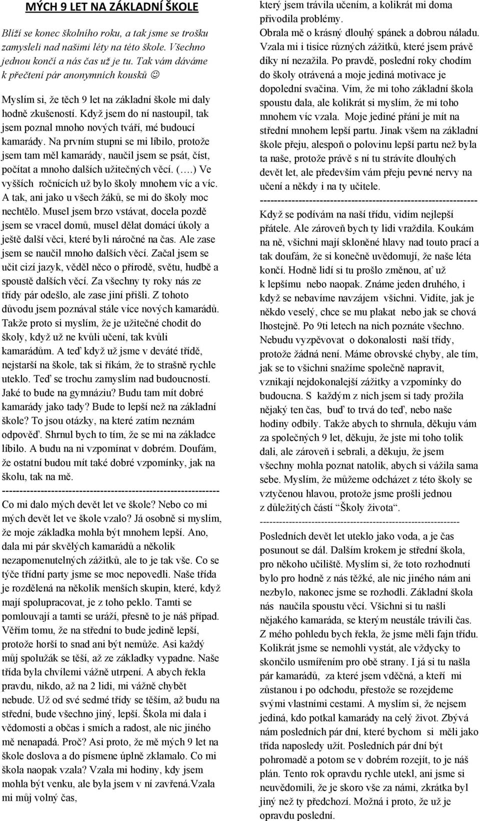 Na prvním stupni se mi líbilo, protože jsem tam měl kamarády, naučil jsem se psát, číst, počítat a mnoho dalších užitečných věcí. (.) Ve vyšších ročnících už bylo školy mnohem víc a víc.