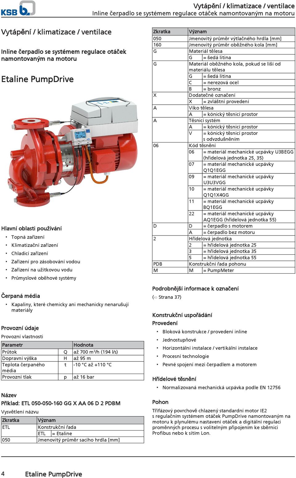 Parametr Hodnota Průtok Q až 700 m 3 /h (194 l/s) Dopravní výška H až 95 m Teplota čerpaného t -10 C až +110 C média Provozní tlak p až 16 bar Název Příklad: ETL 050-050-160 GG X AA 06 D 2 PDBM