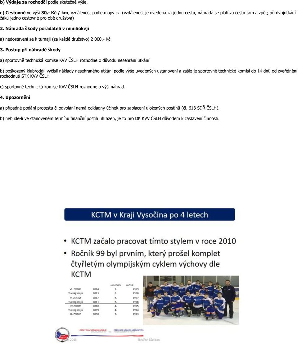 Náhrada škody pořadateli v minihokeji a) nedostavení se k turnaji (za každé družstvo) 2 000,- Kč 3.