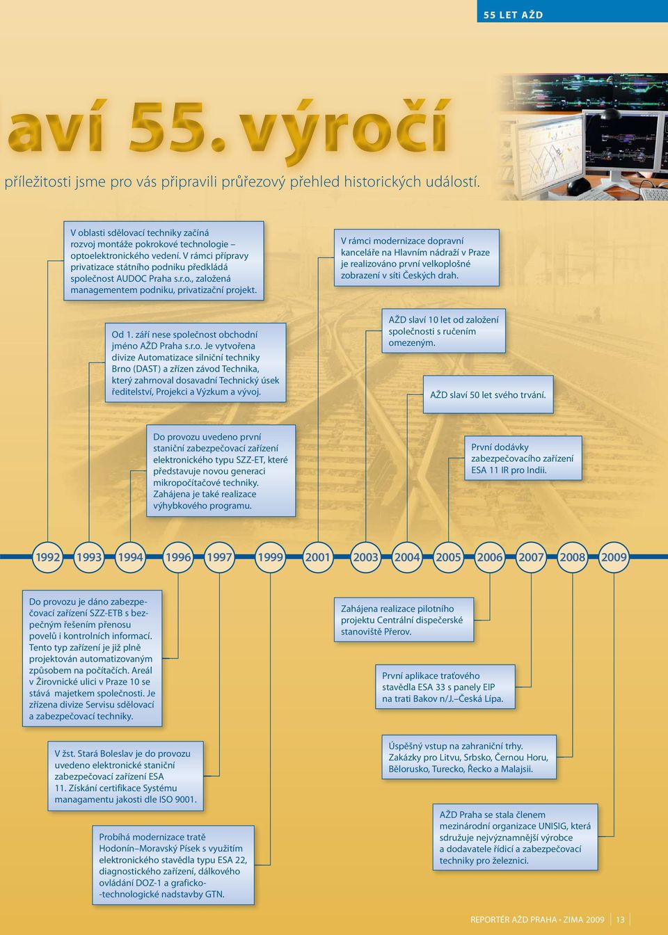 V rámci modernizace dopravní kanceláře na Hlavním nádraží v Praze je realizováno první velkoplošné zobrazení v síti Českých drah. Od 1. září nese společnost obchodní jméno AŽD Praha s.r.o. Je vytvořena divize Automatizace silniční techniky Brno (DAST) a zřízen závod Technika, který zahrnoval dosavadní Technický úsek ředitelství, Projekci a Výzkum a vývoj.