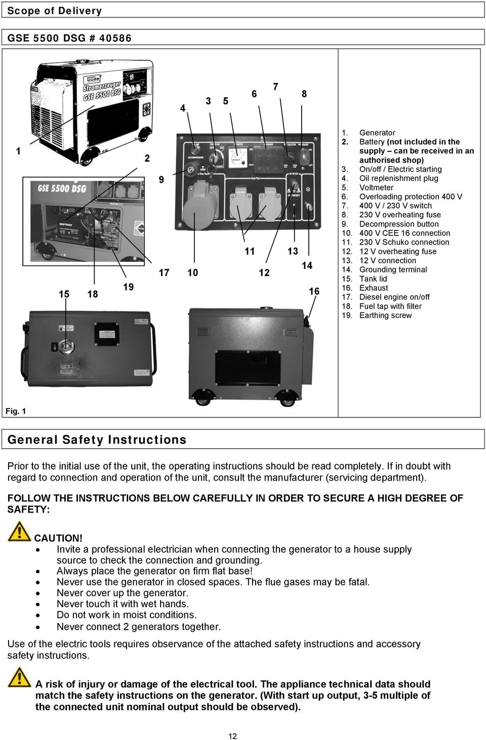 400 V CEE 16 connection 11. 230 V Schuko connection 12. 12 V overheating fuse 13. 12 V connection 14. Grounding terminal 15. Tank lid 16. Exhaust 17. Diesel engine on/off 18. Fuel tap with filter 19.