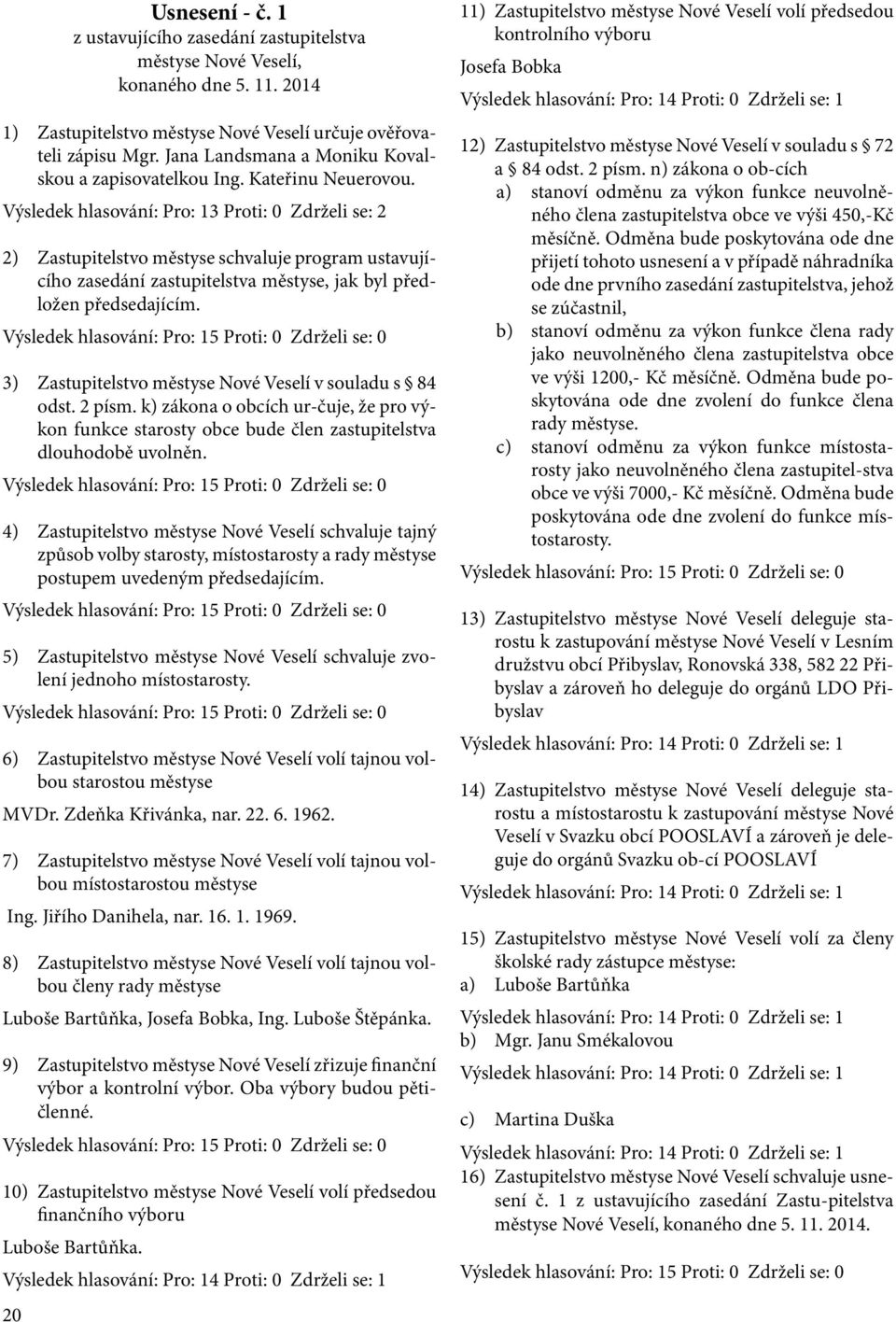 Výsledek hlasování: Pro: 13 Proti: 0 Zdrželi se: 2 2) Zastupitelstvo městyse schvaluje program ustavujícího zasedání zastupitelstva městyse, jak byl předložen předsedajícím.