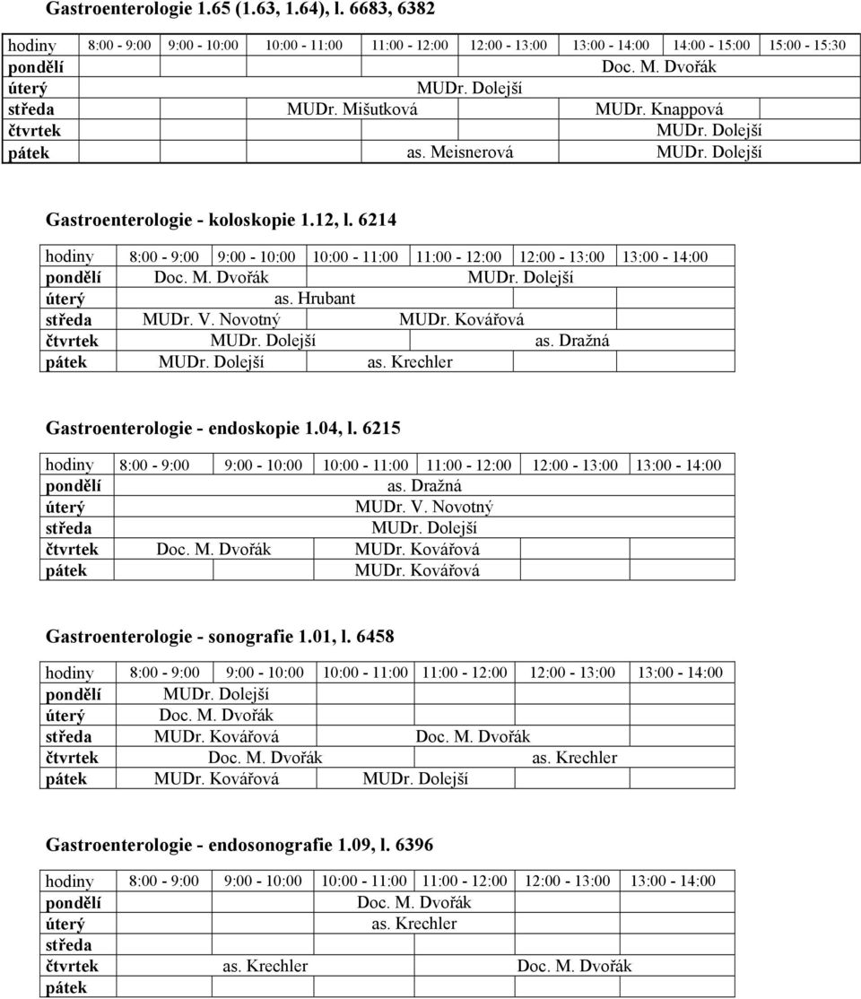 04, l. 6215 12:00-13:00 13:00-14:00 as. Dražná MUDr. Dolejší Doc. M. Dvořák MUDr. Kovářová MUDr. Kovářová Gastroenterologie - sonografie 1.01, l. 6458 12:00-13:00 13:00-14:00 MUDr. Dolejší Doc. M. Dvořák MUDr. Kovářová Doc.