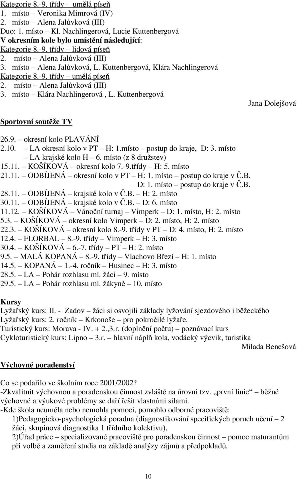 Kuttenbergová, Klára Nachlingerová Kategorie 8.-9. tídy umlá píse 2. místo Alena Jalvková (III) 3. místo Klára Nachlingerová, L. Kuttenbergová Jana Dolejšová Sportovní soutže TV 26.9. okresní kolo PLAVÁNÍ 2.