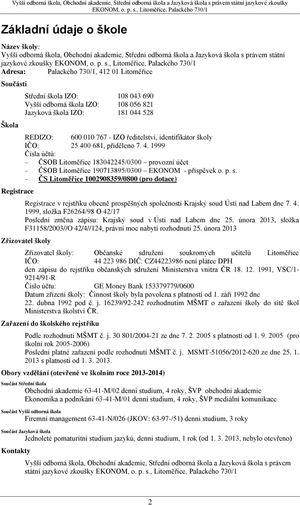 přiděleno 7. 4. 1999 Čísla účtů: ČSOB Litoměřice 183042245/0300 provozní účet ČSOB Litoměřice 190713895/0300 EKONOM - příspěvek o. p. s.