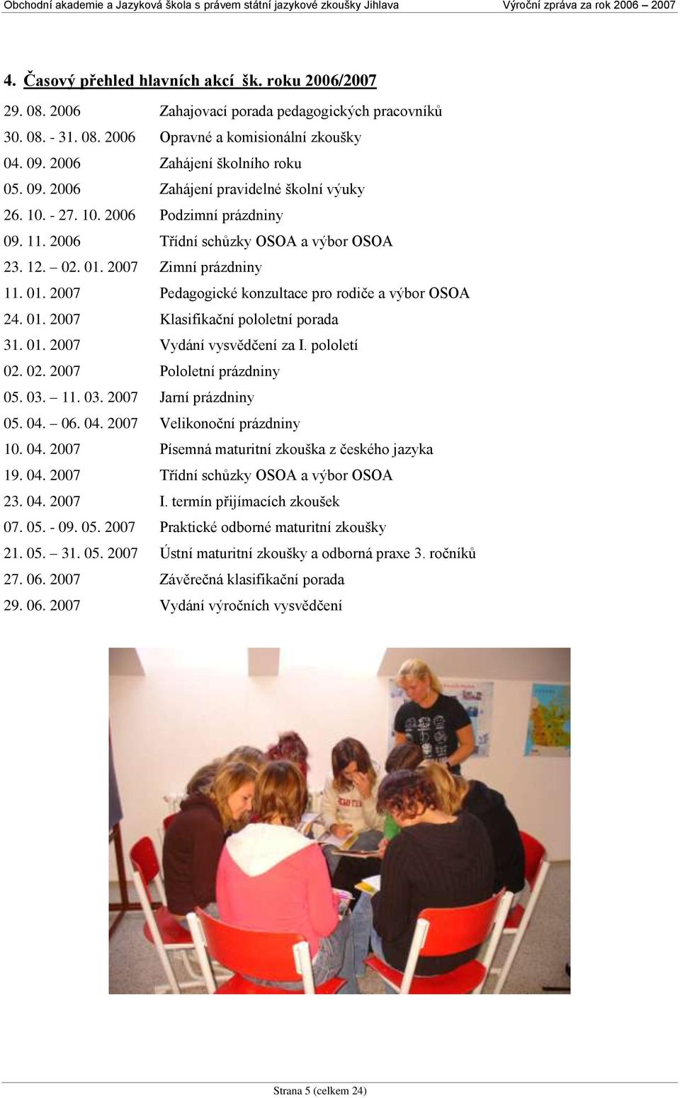 2007 Zimní prázdniny 11. 01. 2007 Pedagogické konzultace pro rodiče a výbor OSOA 24. 01. 2007 Klasifikační pololetní porada 31. 01. 2007 Vydání vysvědčení za I. pololetí 02.