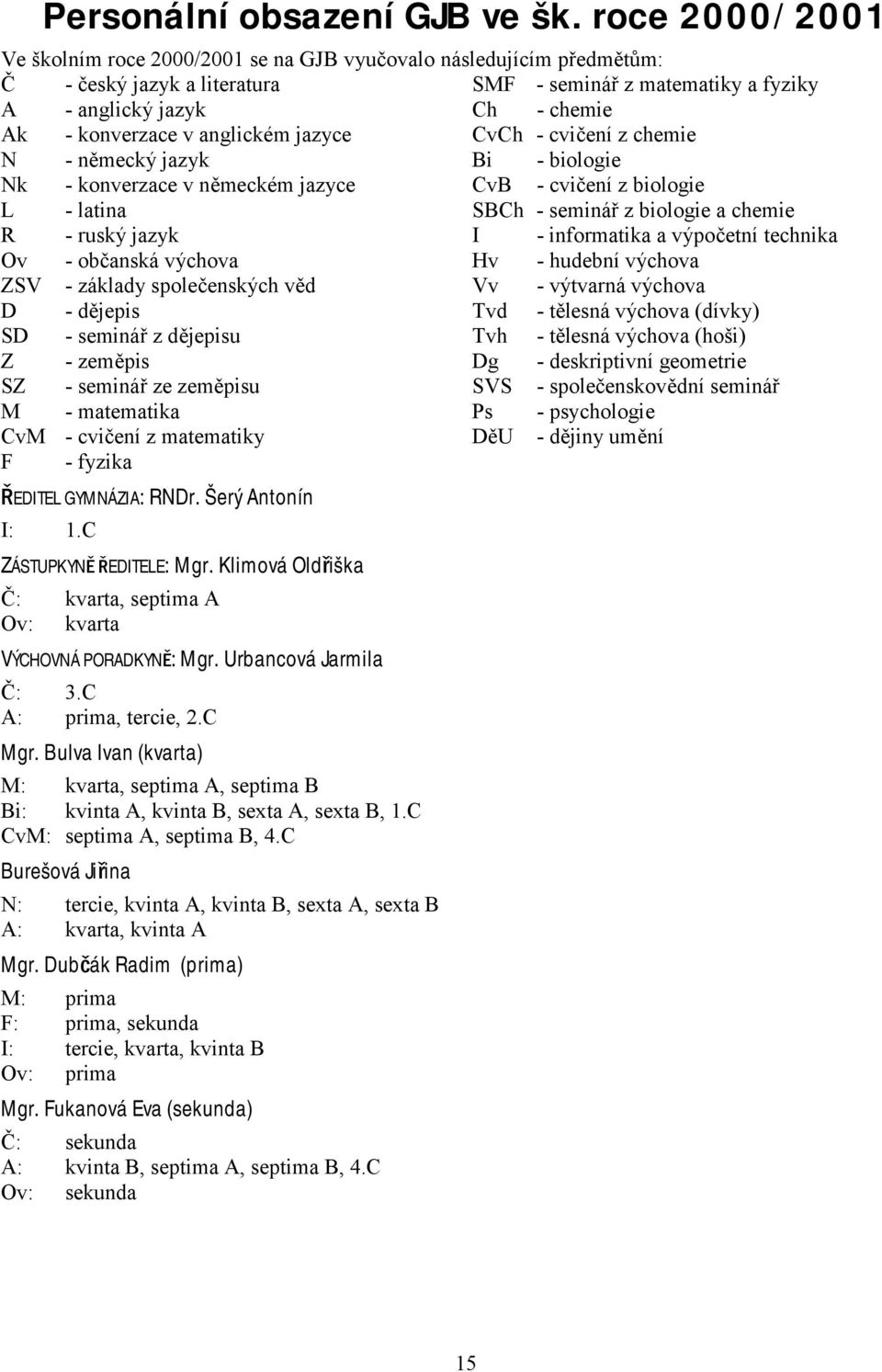 anglickém jazyce CvCh - cvičení z chemie N - německý jazyk Bi - biologie Nk - konverzace v německém jazyce CvB - cvičení z biologie L - latina SBCh - seminář z biologie a chemie R - ruský jazyk I -