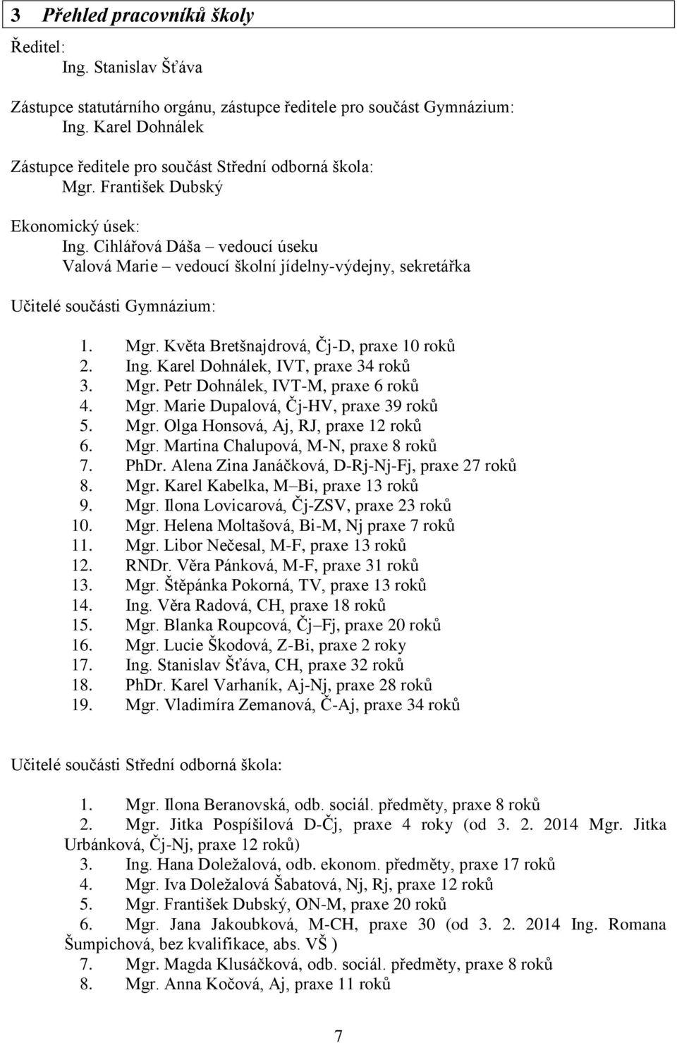 Cihlářová Dáša vedoucí úseku Valová Marie vedoucí školní jídelny-výdejny, sekretářka Učitelé součásti Gymnázium: 1. Mgr. Květa Bretšnajdrová, Čj-D, praxe 10 roků 2. Ing.