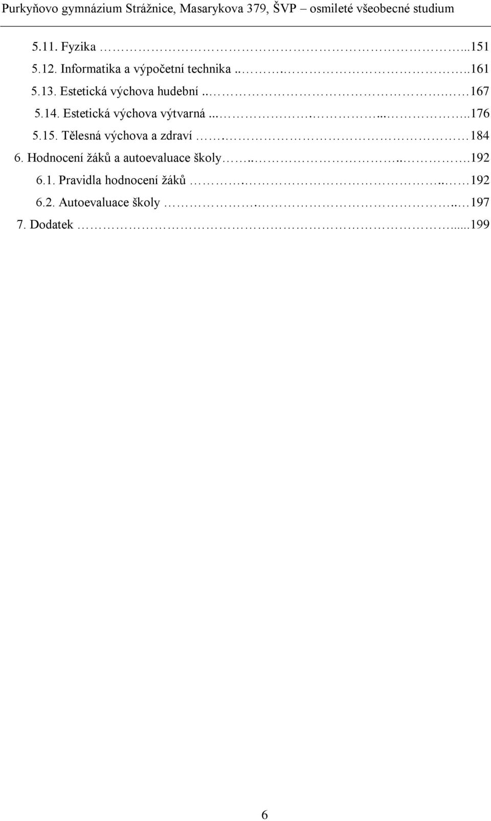 15. Tělesná výchova a zdraví. 184 6. Hodnocení žáků a autoevaluace školy.....192 6.