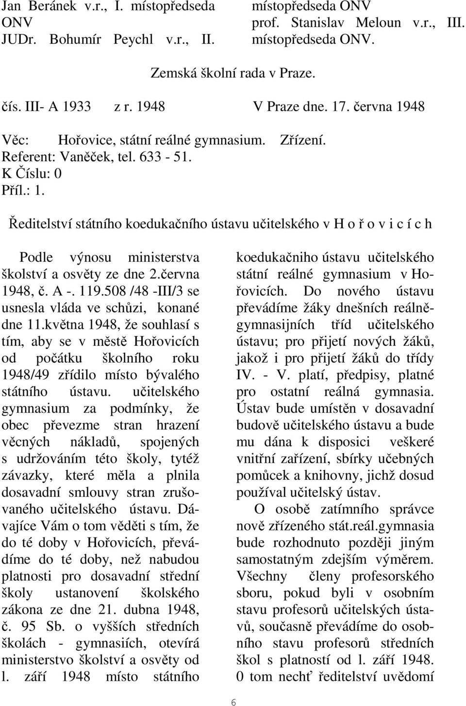 Ředitelství státního koedukačního ústavu učitelského v H o ř o v i c í c h Podle výnosu ministerstva školství a osvěty ze dne 2.června 1948, č. A -. 119.