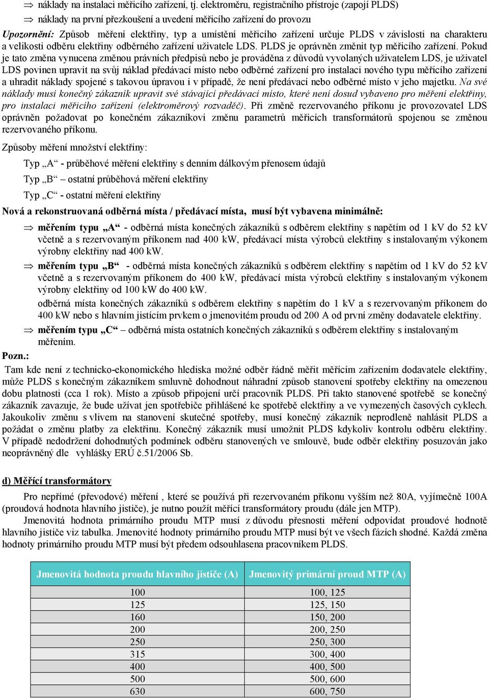 PLDS v závislosti na charakteru a velikosti odběru elektřiny odběrného zařízení uživatele LDS. PLDS je oprávněn změnit typ měřicího zařízení.