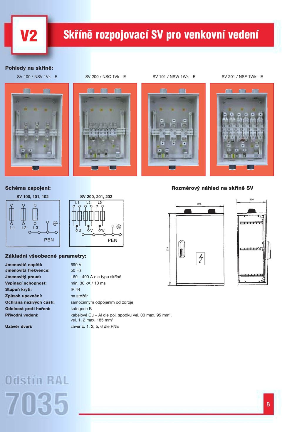 schopnost: 690 V 50 Hz StupeÀ krytí: IP 44 ZpÛsob upevnûní: Ochrana neïiv ch ãástí: Odolnost proti hofiení: 160 400 A dle typu skříně min.