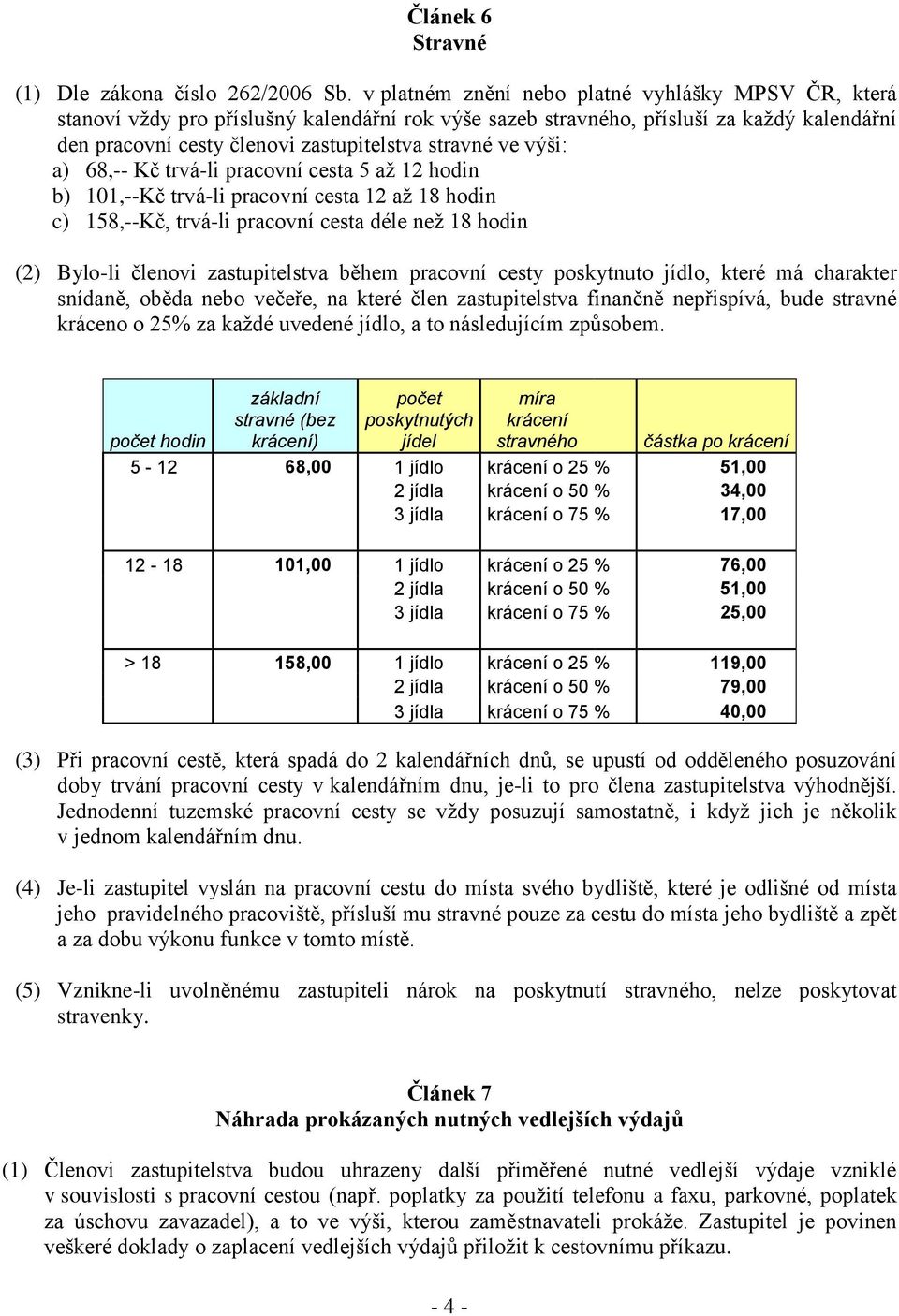 výši: a) 68,-- Kč trvá-li pracovní cesta 5 až 12 hodin b) 101,--Kč trvá-li pracovní cesta 12 až 18 hodin c) 158,--Kč, trvá-li pracovní cesta déle než 18 hodin (2) Bylo-li členovi zastupitelstva během