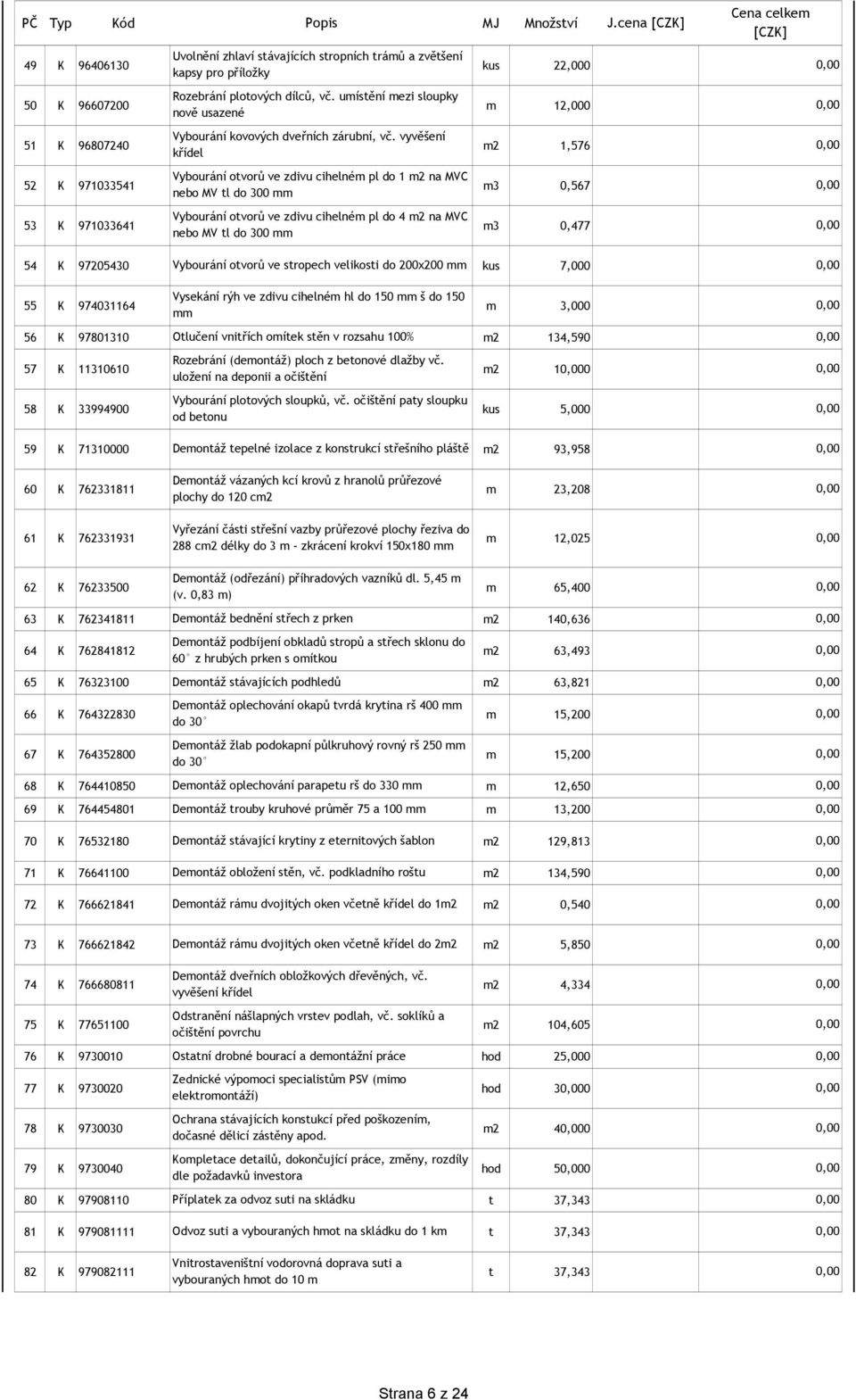 vyvěšení 51 K 96807240 m2 1,576 křídel Vybourání otvorů ve zdivu cihelném pl do 1 m2 na MVC 52 K 971033541 m3 0,567 nebo MV tl do 300 mm Vybourání otvorů ve zdivu cihelném pl do 4 m2 na MVC 53 K