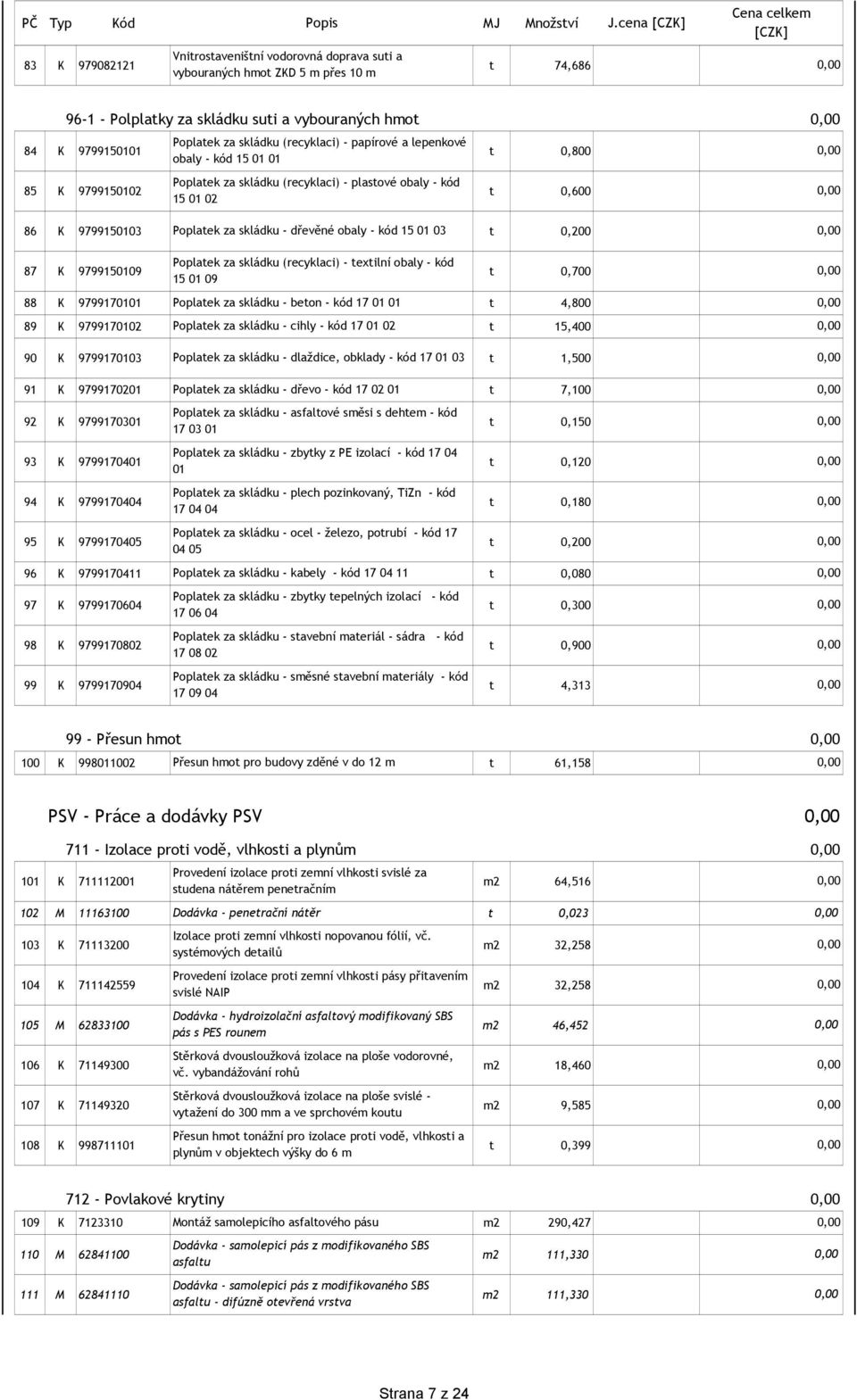 Poplatek za skládku (recyklaci) - plastové obaly - kód 15 01 02 t 0,600 86 K 9799150103 Poplatek za skládku - dřevěné obaly - kód 15 01 03 t 0,200 87 K 9799150109 Poplatek za skládku (recyklaci) -