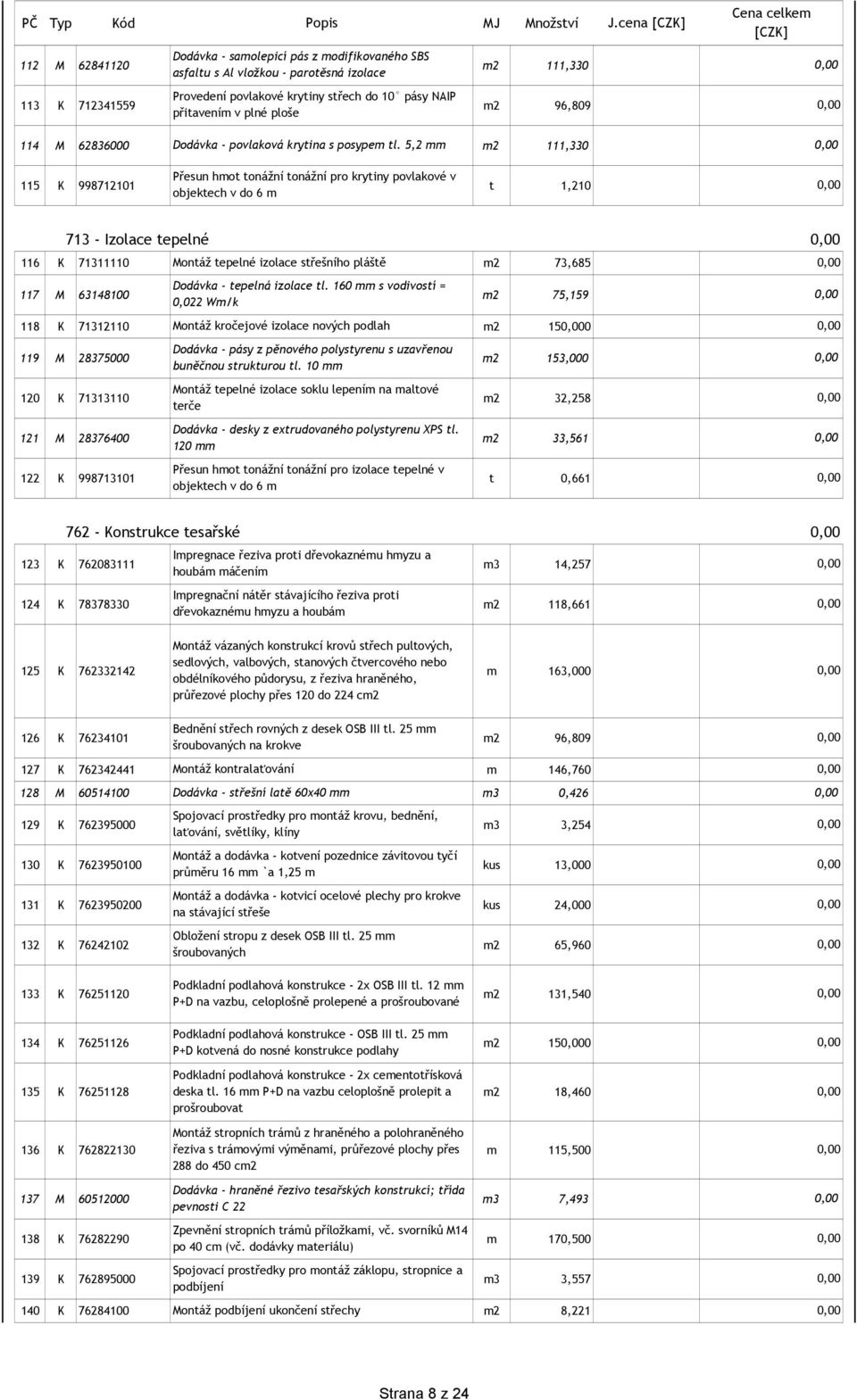 5,2 mm m2 111,330 Přesun hmot tonážní tonážní pro krytiny povlakové v 115 K 998712101 t 1,210 objektech v do 6 m 713 - Izolace tepelné 116 K 71311110 Montáž tepelné izolace střešního pláště m2 73,685