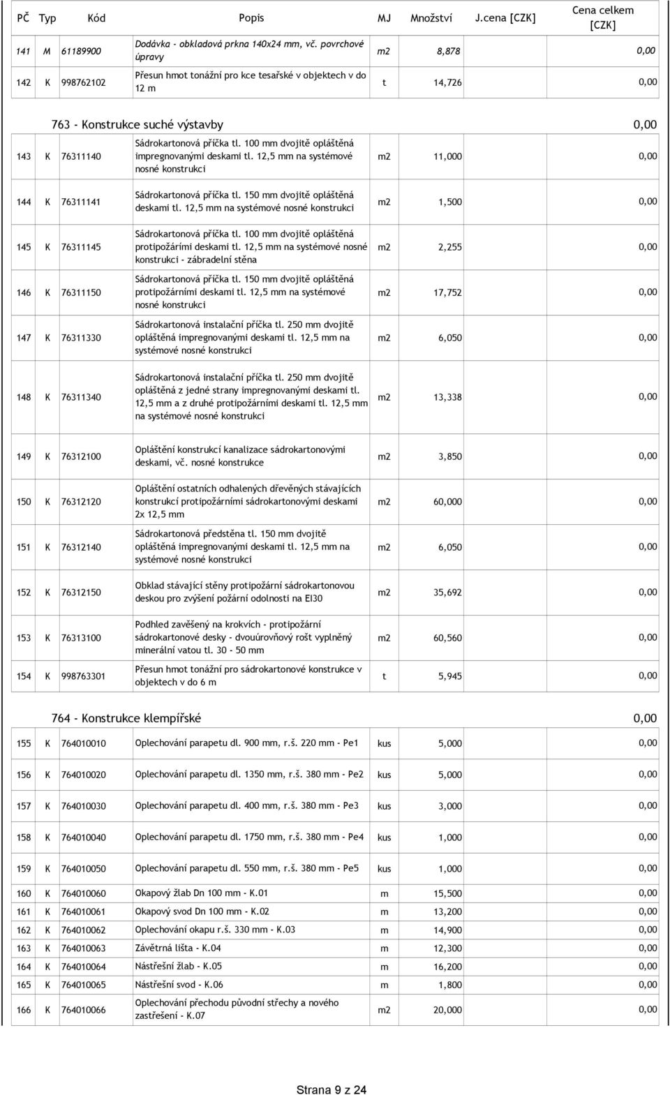 12,5 mm na systémové m2 11,000 nosné konstrukci 144 K 76311141 Sádrokartonová příčka tl. 150 mm dvojitě opláštěná deskami tl. 12,5 mm na systémové nosné konstrukci m2 1,500 Sádrokartonová příčka tl.