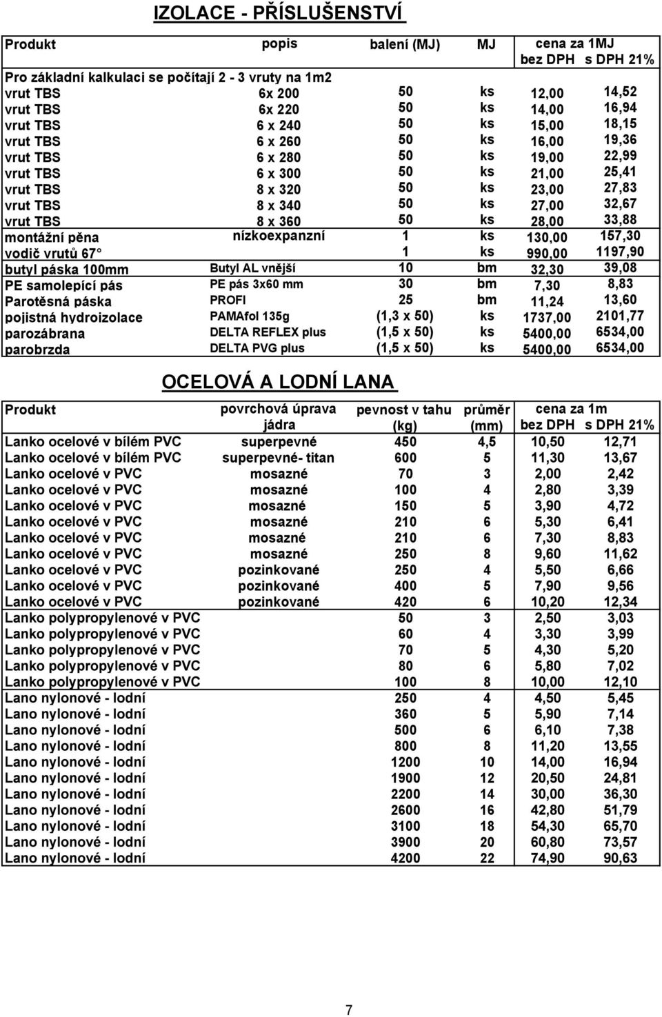 vrut TBS 8 x 360 50 ks 28,00 33,88 montážní pěna nízkoexpanzní 1 ks 130,00 157,30 vodič vrutů 67 1 ks 990,00 1197,90 butyl páska 100mm Butyl AL vnější 10 bm 32,30 39,08 PE samolepící pás PE pás 3x60