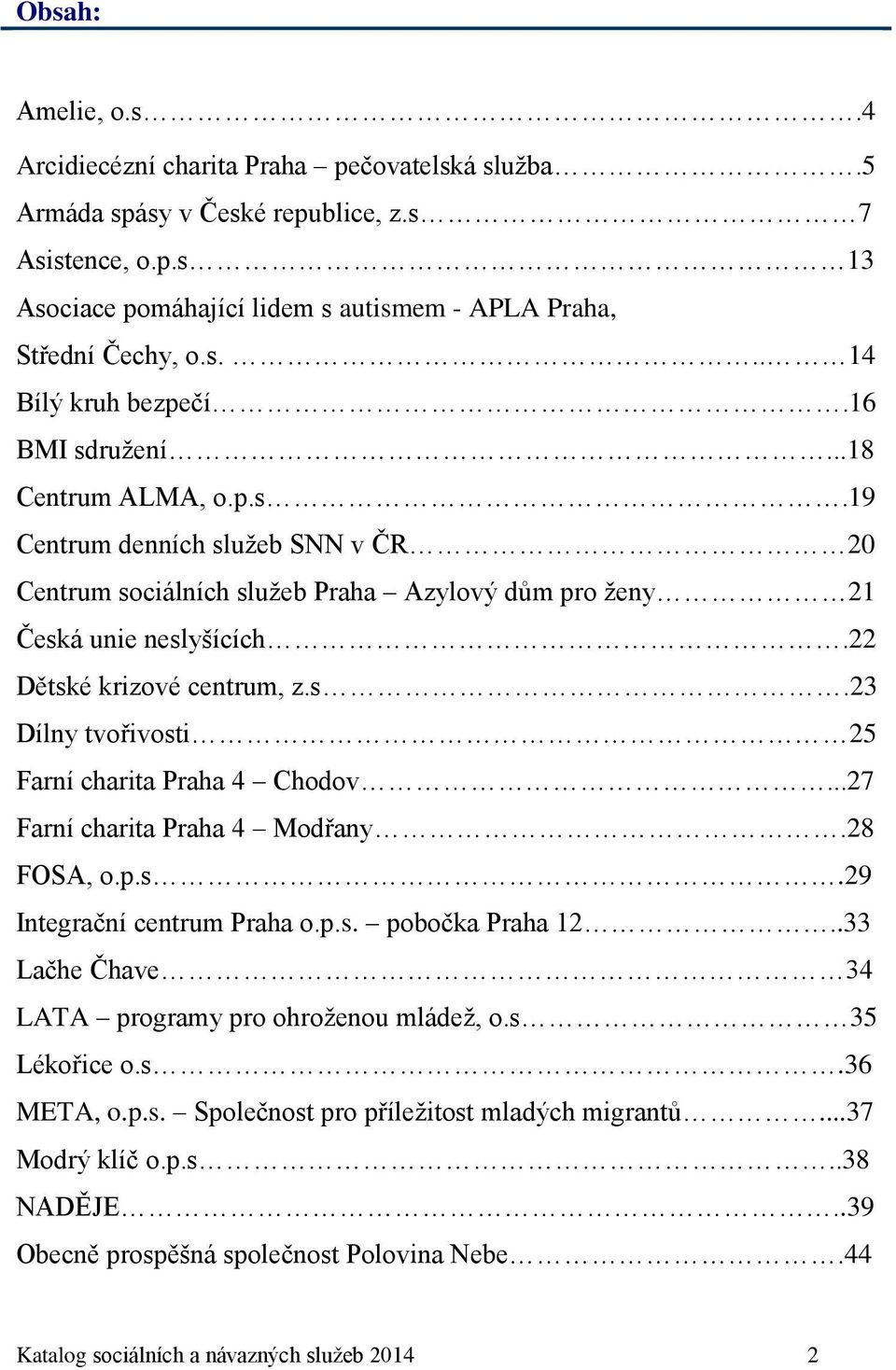 ..27 Farní charita Praha 4 Modřany.28 FOSA, o.p.s.29 Integrační centrum Praha o.p.s. pobočka Praha 12..33 Lačhe Čhave 34 LATA programy pro ohroženou mládež, o.s 35 Lékořice o.s.36 META, o.p.s. Společnost pro příležitost mladých migrantů.