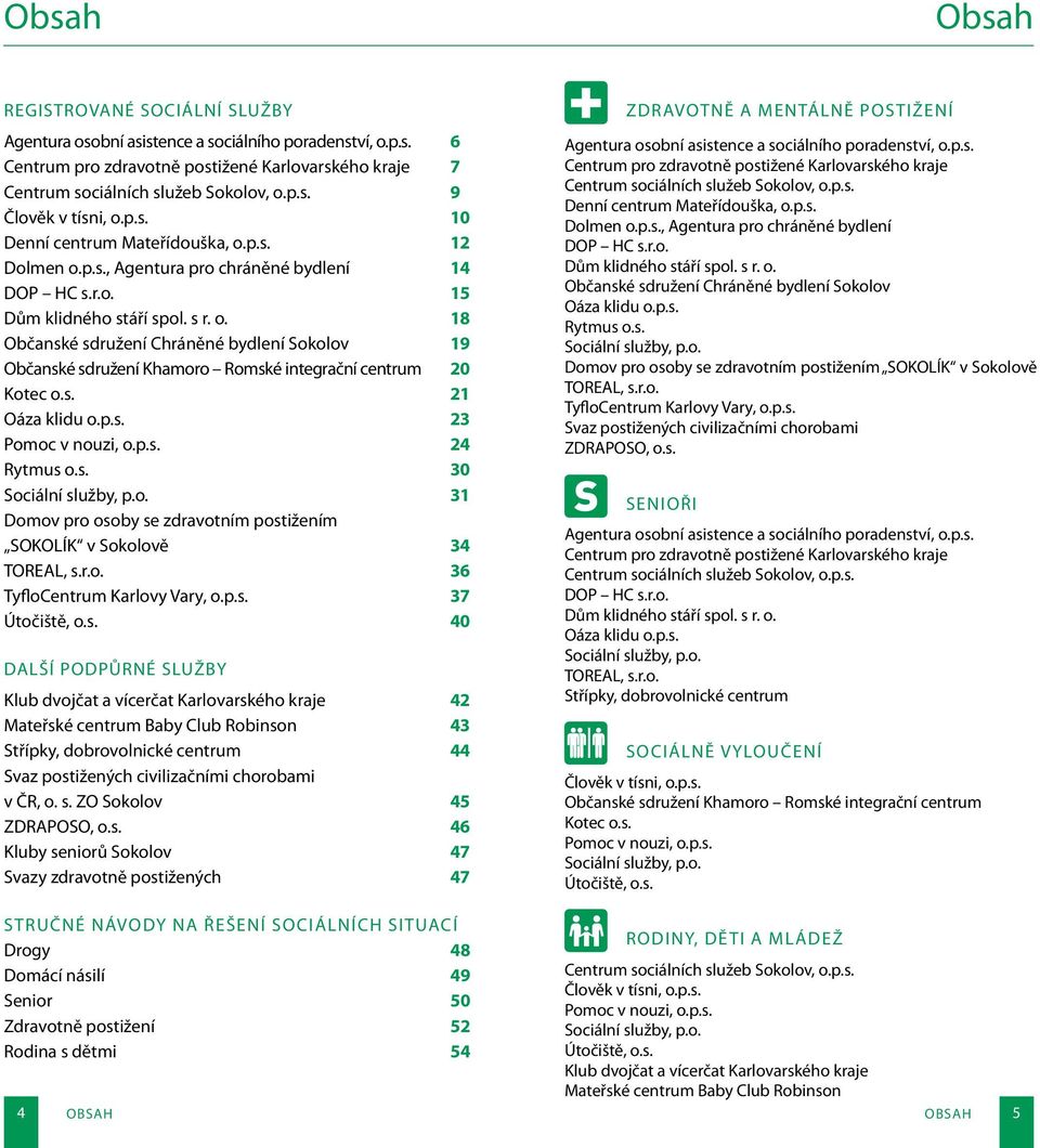 s. 21 Oáza klidu o.p.s. 23 Pomoc v nouzi, o.p.s. 24 Rytmus o.s. 30 Sociální služby, p.o. 31 Domov pro osoby se zdravotním postižením SOKOLÍK v Sokolově 34 TOREAL, s.r.o. 36 TyfloCentrum Karlovy Vary, o.