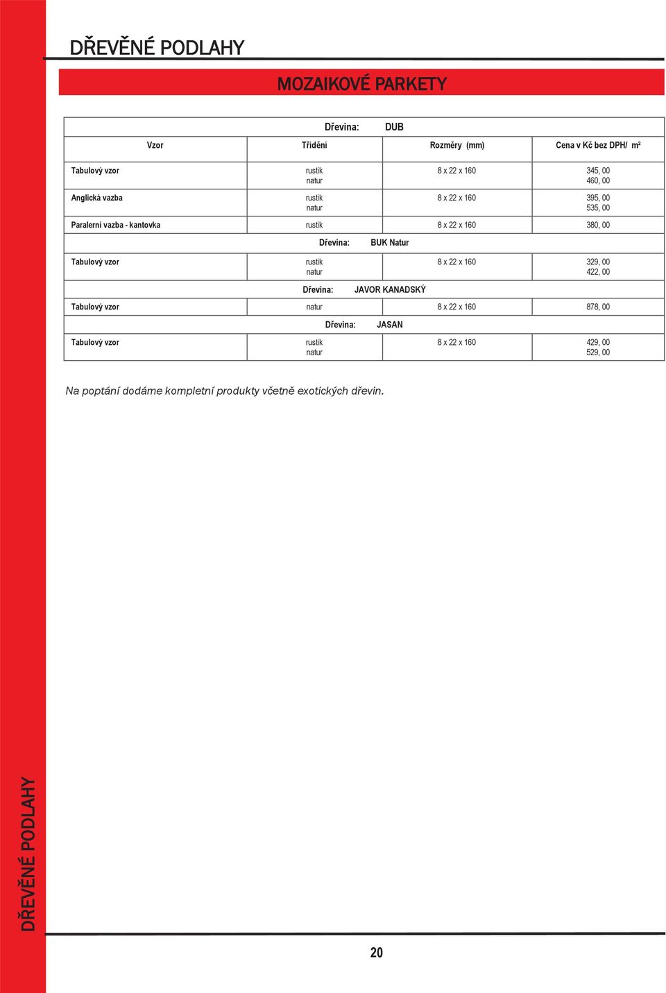 Dřevina: BUK Natur Tabulový vzor rustik natur 8 x 22 x 160 329, 00 422, 00 Dřevina: JAVOR KANADSKÝ Tabulový vzor natur 8 x 22 x 160 878,