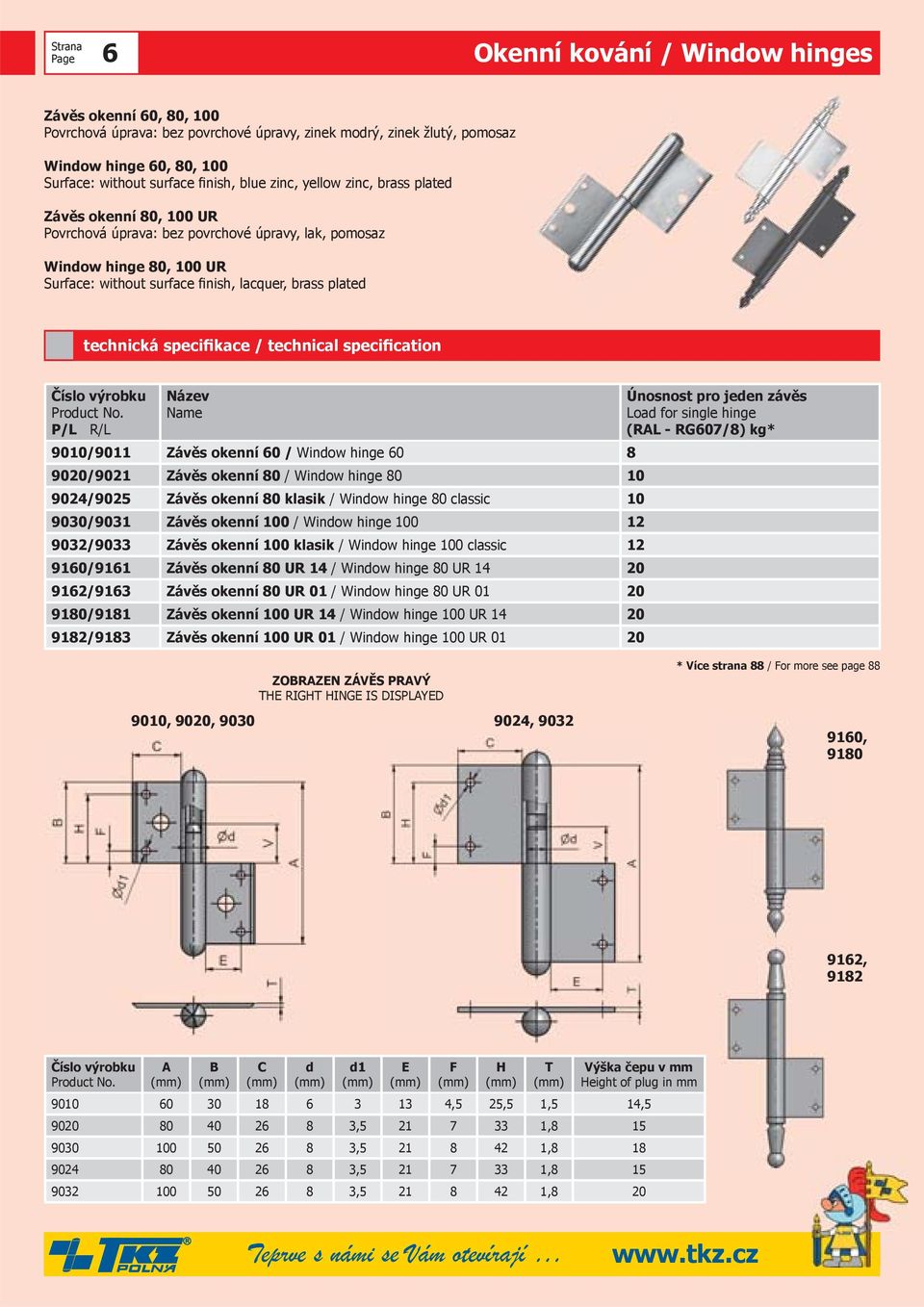 Závěs okenní 60 / Window hinge 60 8 9020/9021 Závěs okenní 80 / Window hinge 80 10 9024/9025 Závěs okenní 80 klasik / Window hinge 80 classic 10 9030/9031 Závěs okenní 100 / Window hinge 100 12