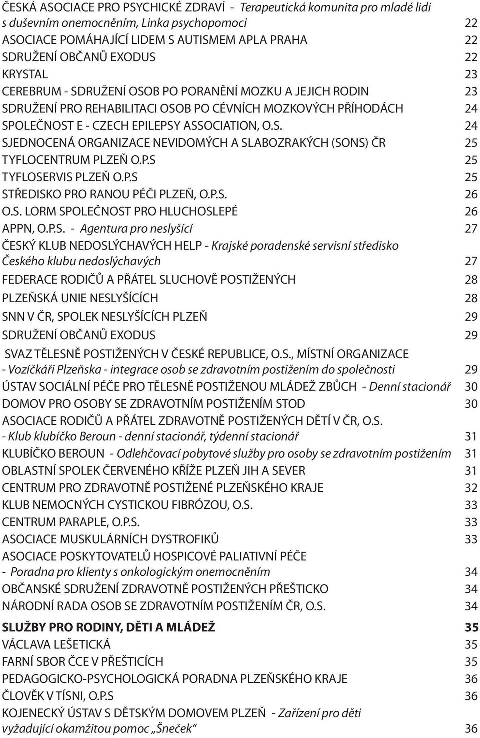 P.S 25 TYFLOSERVIS PLZEŇ O.P.S 25 STŘEDISKO PRO RANOU PÉČI PLZEŇ, O.P.S. 26 O.S. LORM SPOLEČNOST PRO HLUCHOSLEPÉ 26 APPN, O.P.S. - Agentura pro neslyšící 27 ČESKÝ KLUB NEDOSLÝCHAVÝCH HELP - Krajské