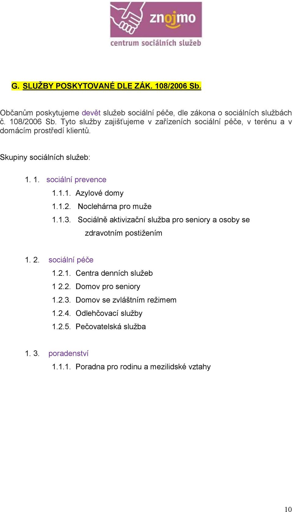 Sociálně aktivizační služba pro seniory a osoby se zdravotním postižením 1. 2. sociální péče 1.2.1. Centra denních služeb 1 2.2. Domov pro seniory 1.2.3.