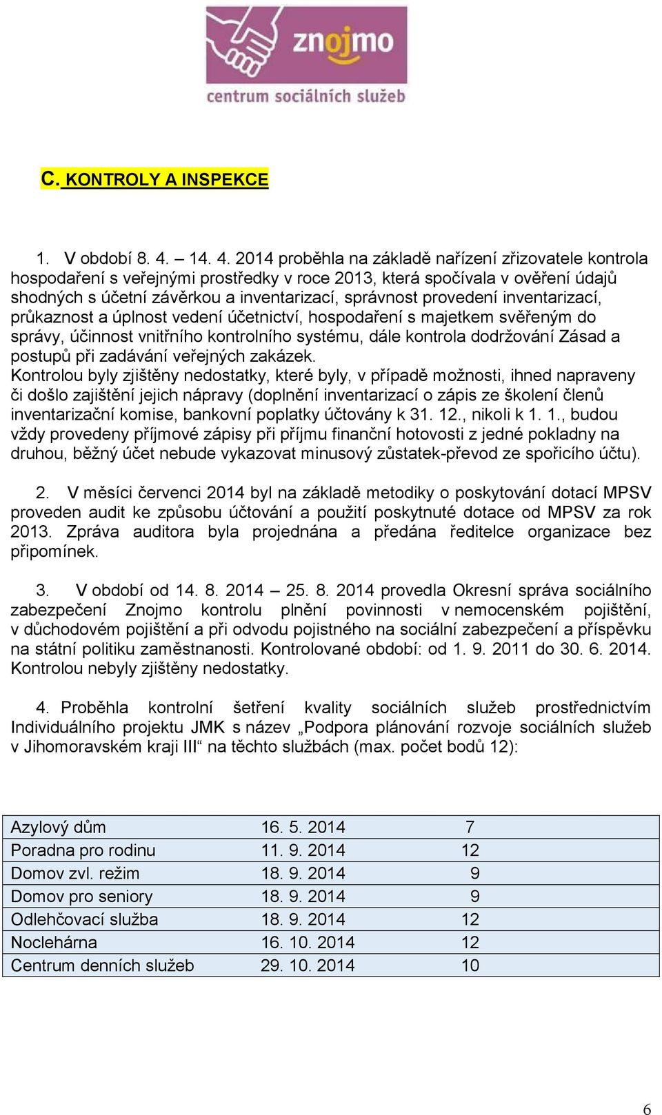 2014 proběhla na základě nařízení zřizovatele kontrola hospodaření s veřejnými prostředky v roce 2013, která spočívala v ověření údajů shodných s účetní závěrkou a inventarizací, správnost provedení