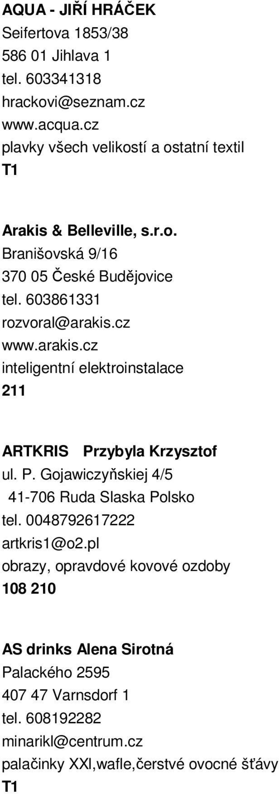 cz www.arakis.cz inteligentní elektroinstalace 211 ARTKRIS Przybyla Krzysztof ul. P. Gojawiczyňskiej 4/5 41-706 Ruda Slaska Polsko tel.