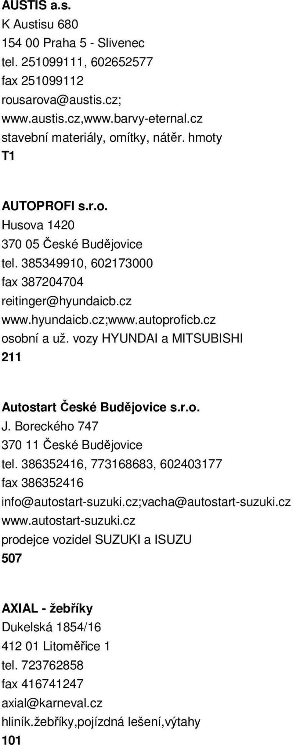 vozy HYUNDAI a MITSUBISHI 211 Autostart České Budějovice s.r.o. J. Boreckého 747 370 11 České Budějovice tel. 386352416, 773168683, 602403177 fax 386352416 info@autostart-suzuki.