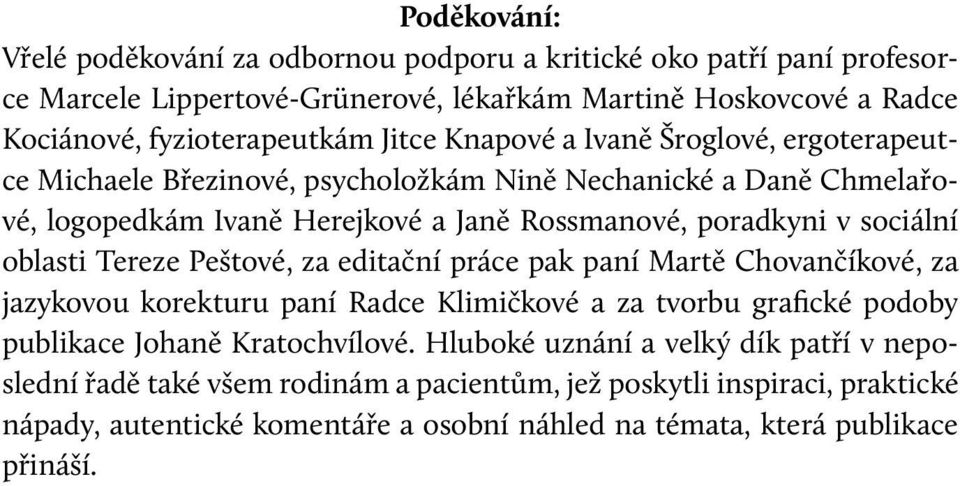 oblasti Tereze Peštové, za editační práce pak paní Martě Chovančíkové, za jazykovou korekturu paní Radce Klimičkové a za tvorbu grafické podoby publikace Johaně Kratochvílové.